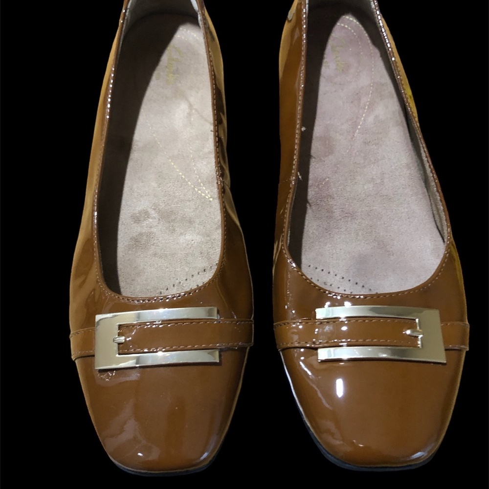 Clarks Tan Flats with Gold Buckle